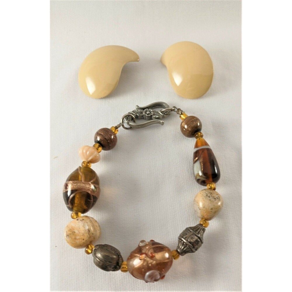 Vintage Brown Glass and Metal Chunky Bead Bracelet 8" Boho  and Metal Earrings